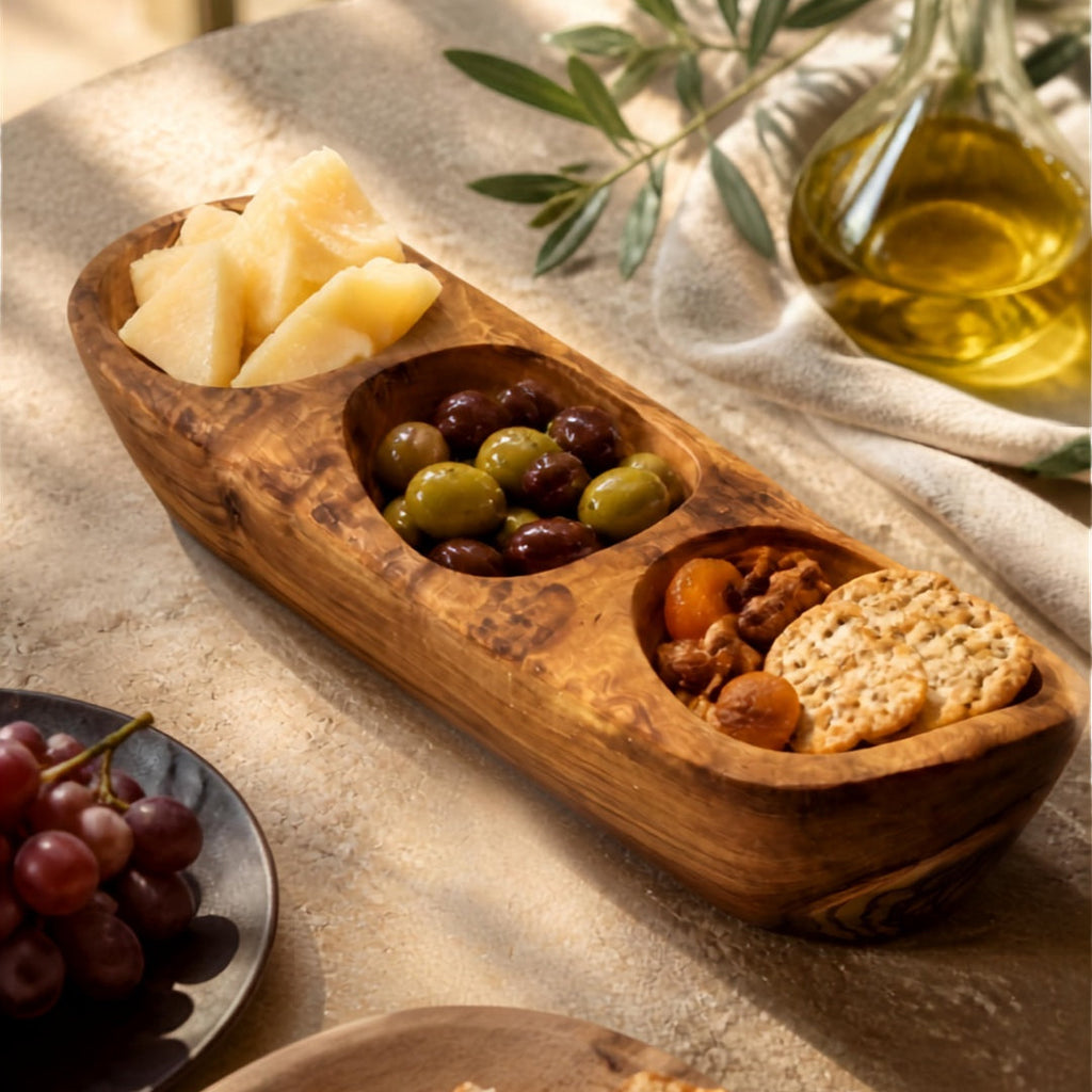 Olive wood serving tray with cheese, olives and crackers