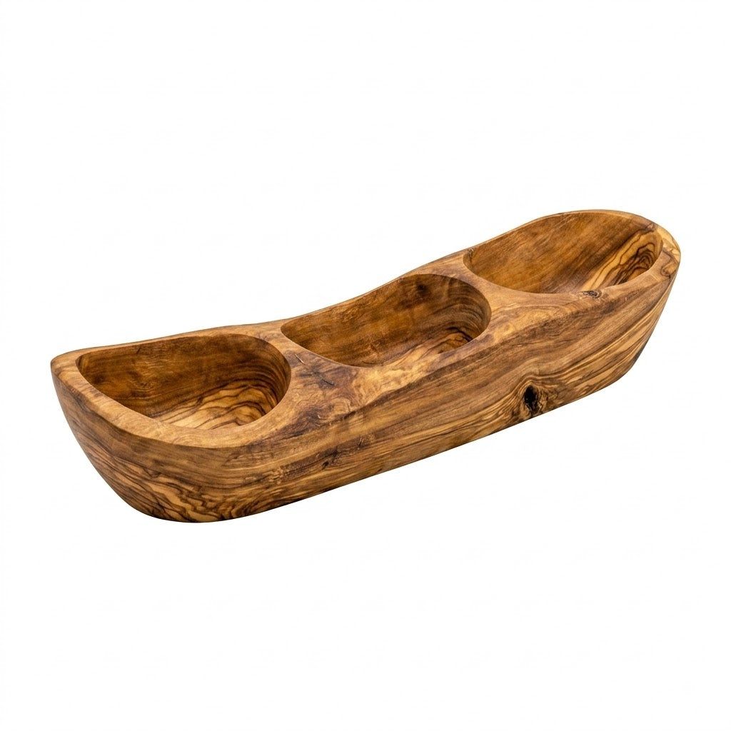 Olive wood 3-compartment serving tray, front view