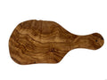 Olive wood cutting board with handle on a white background