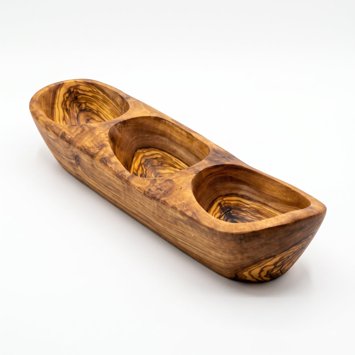 Olive wood 3-compartment serving tray on a white background